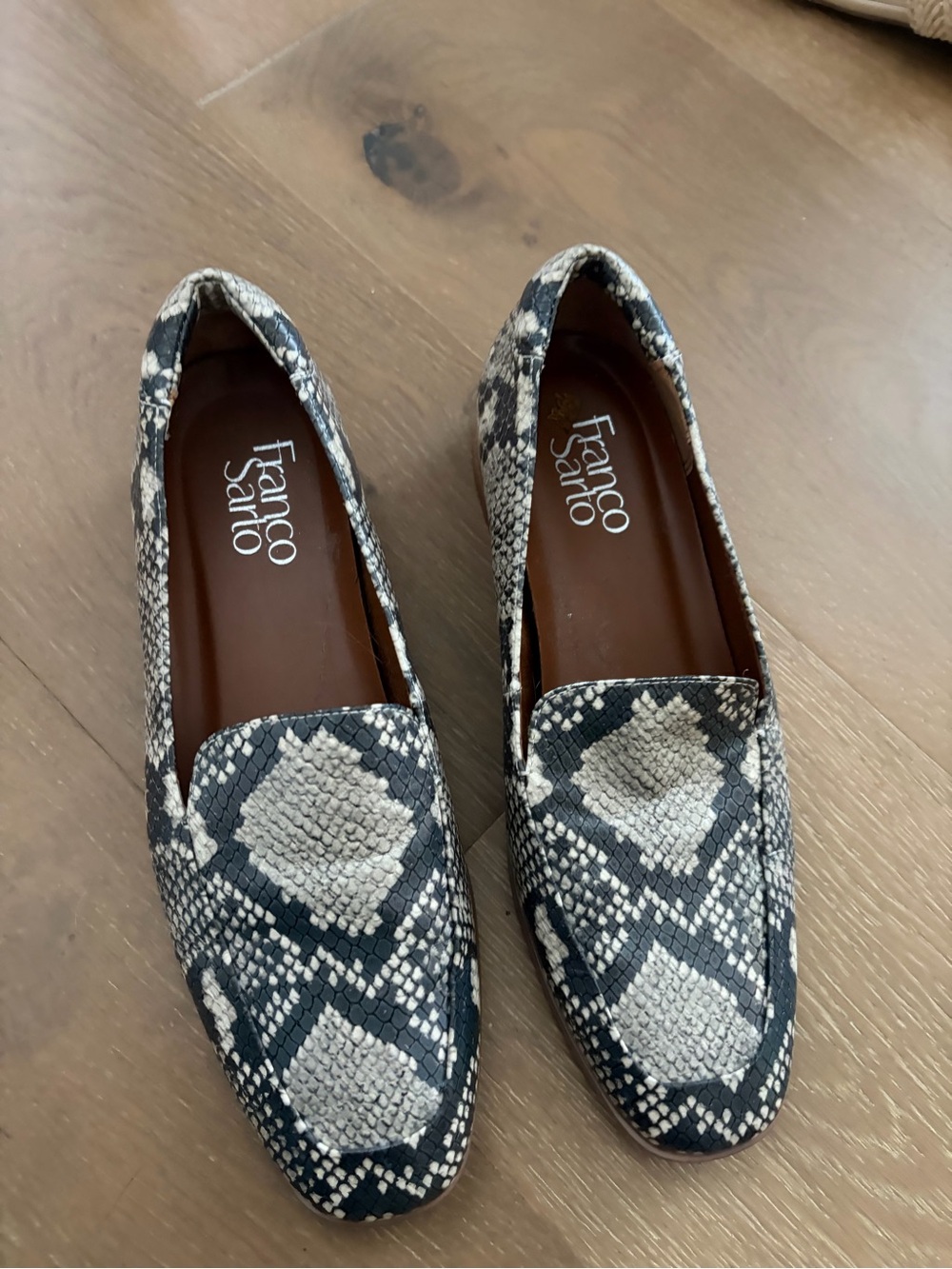 Franco Sarto Black & Cream Snake-Print Slip-On Loafers